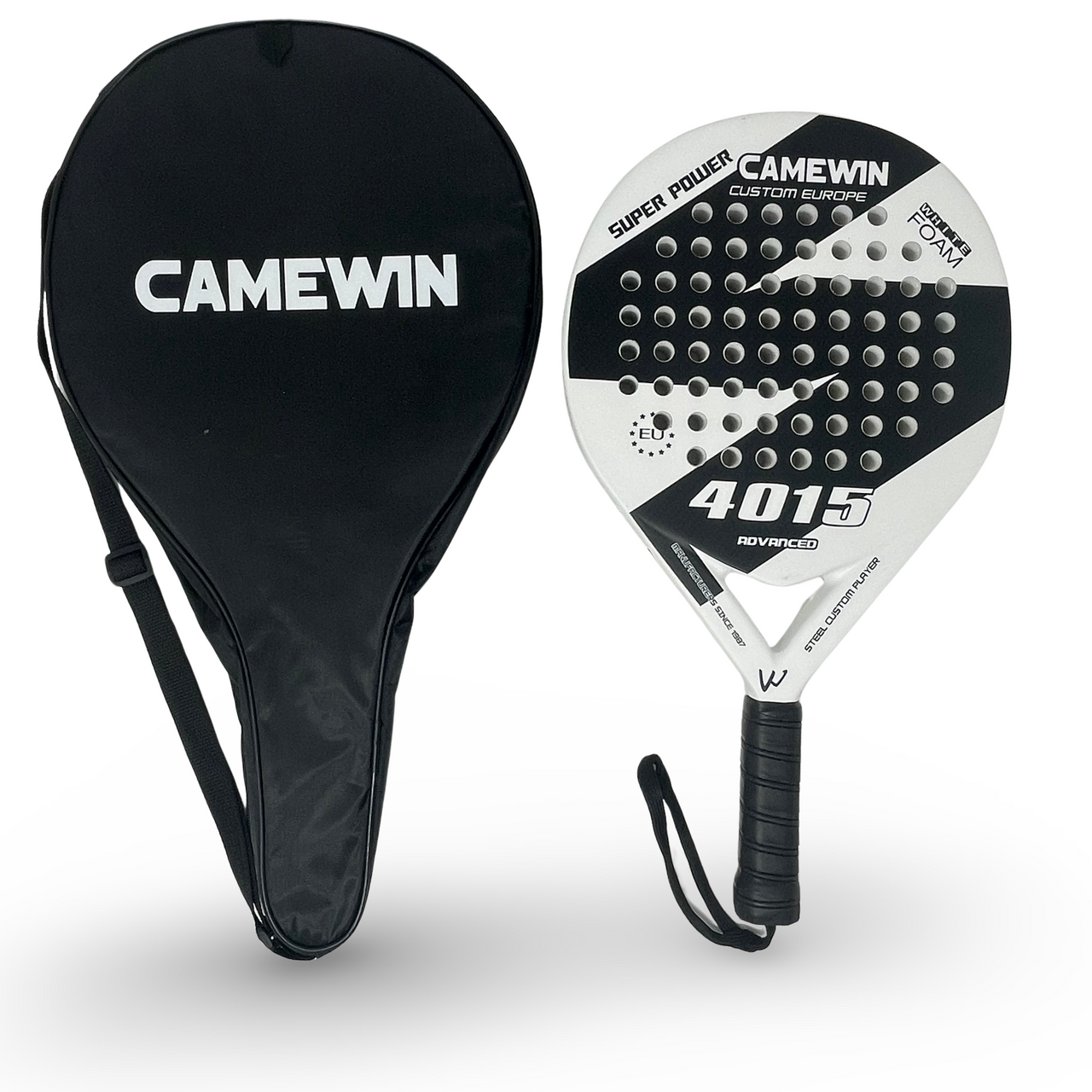 CAMEWIN ADVANCED WHITE FOAM PADEL RACKET – 38MM WITH BLACK COVER
