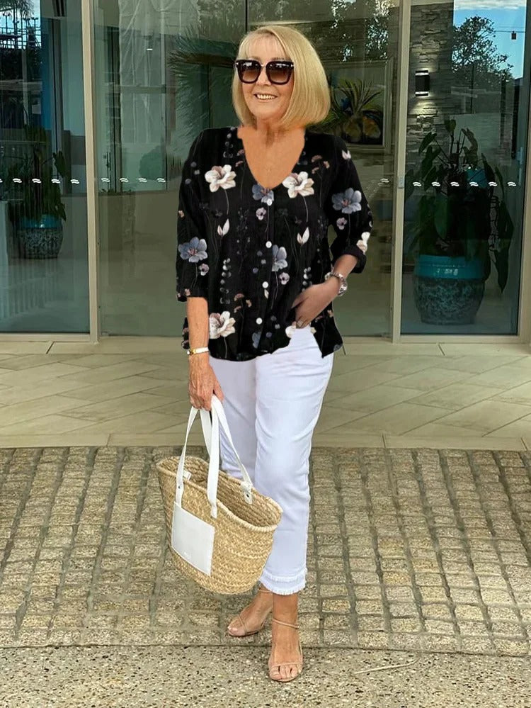 Tessa - Elegant Floral Blouse With Button