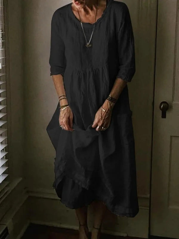 Joann | Crew neck 3/4 sleeve dress in linen blend