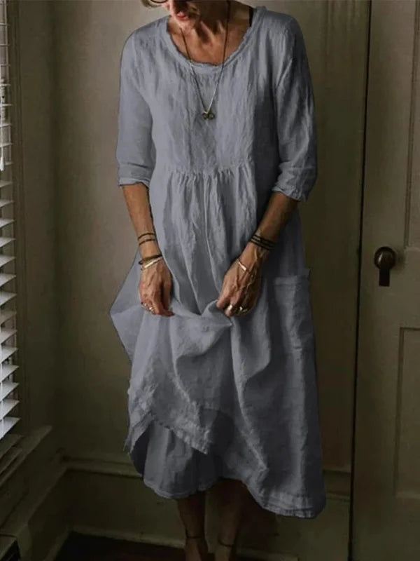 Joann | Crew neck 3/4 sleeve dress in linen blend